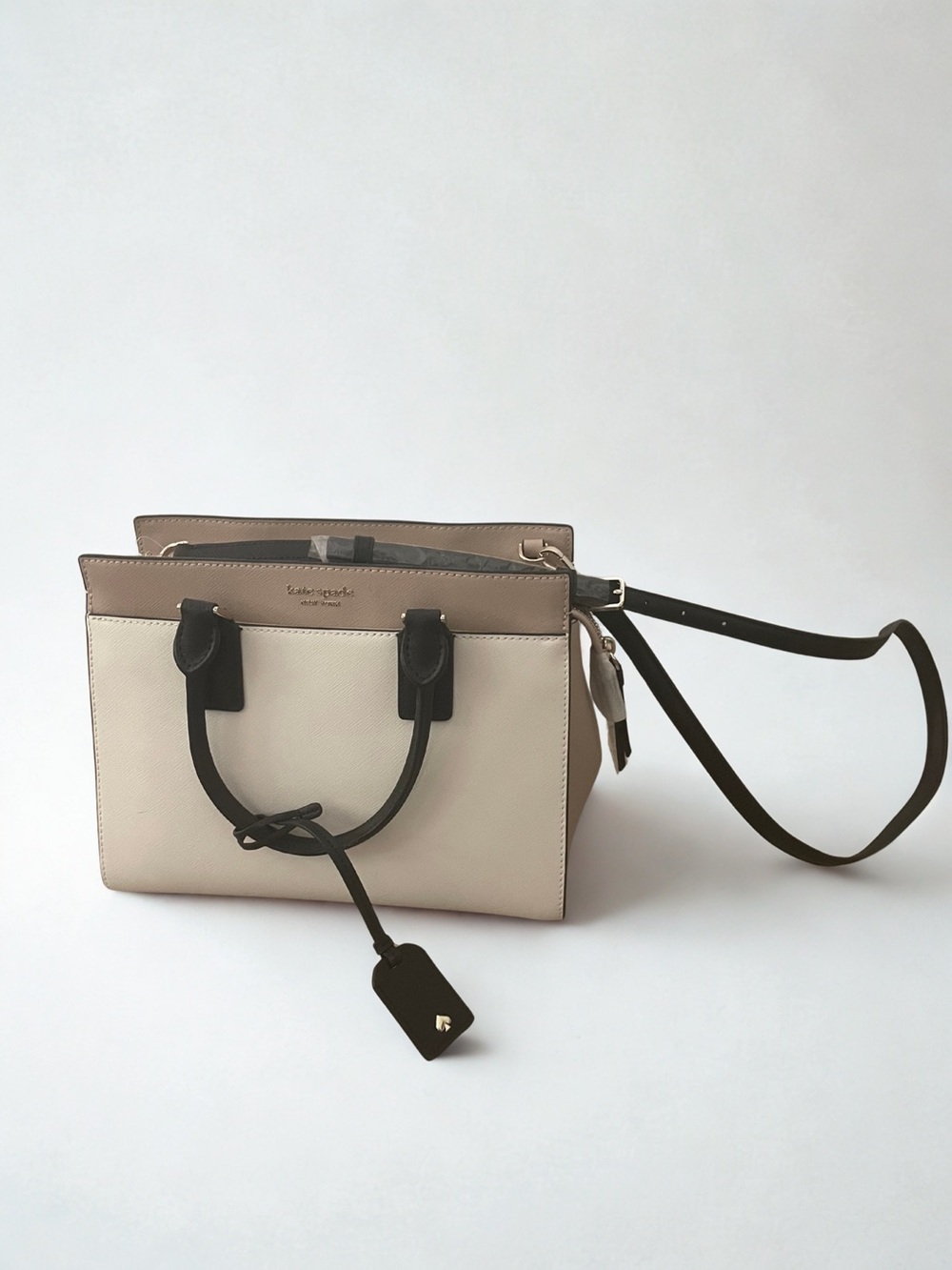 kate spade Beige and Black Leather Satchel with Pink Tag